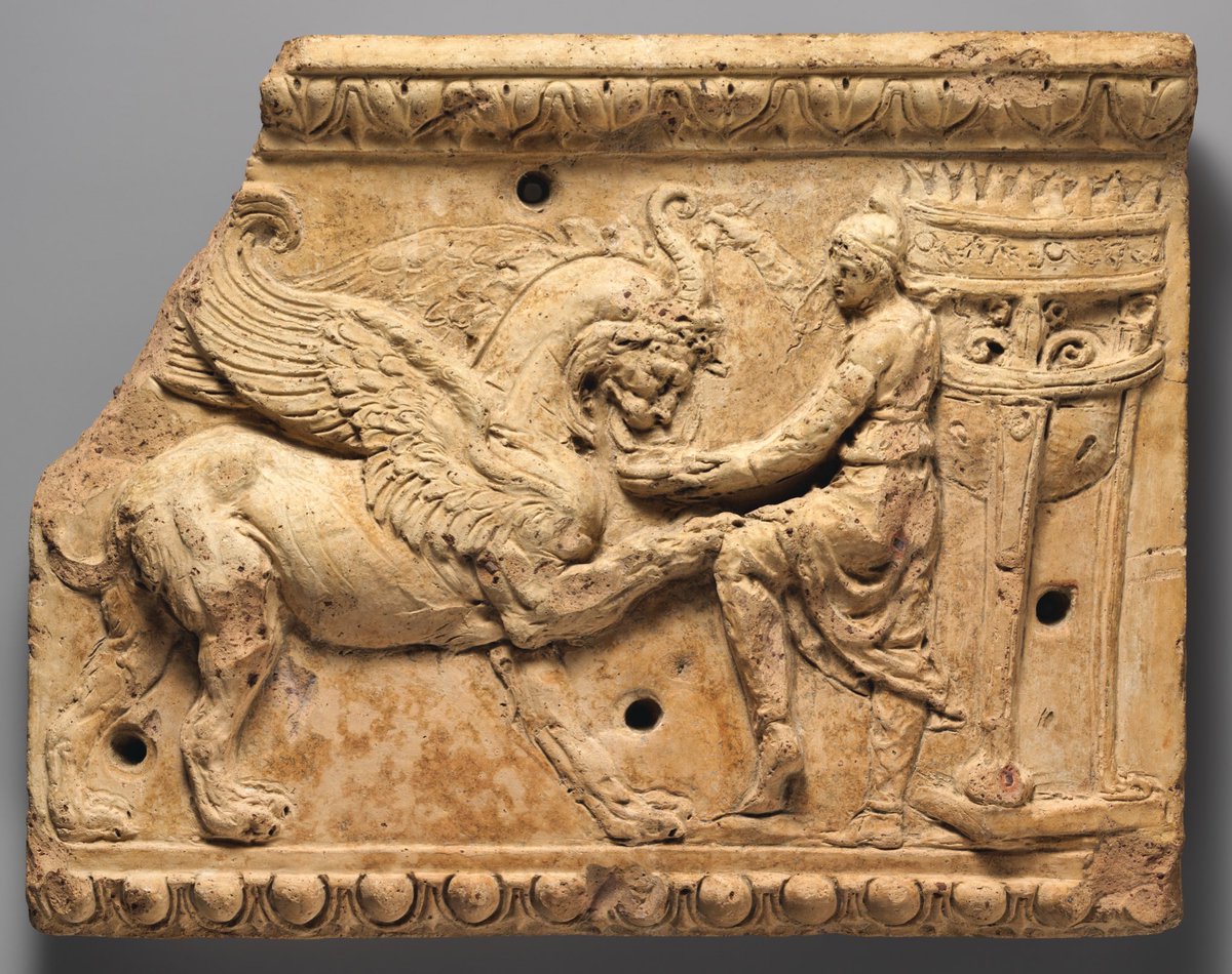 #ReliefWednesday Roman terracotta plaque ~ c. 27 BCE–c. 68 CE This relief depicts a griffin seeming to accept a drink from a man. Griffins were not considered friendly, so this scene is quite unusual. 🏛 The Met
