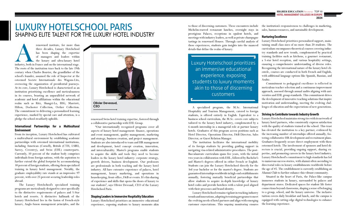 🗞️ Vu dans les médias 📰

🥇 La #LuxuryHotelschool est dans le Top 10 Europe du classement #HigherEducationReview des meilleures écoles de #management hôtelier.

✨ Une place prestigieuse en compagnie des grandes institutions suisses et londoniennes.

➡️thehighereducationreview.com/institution/lu…