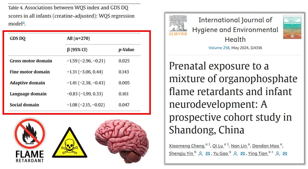 Prenatal exposure to organophosphate flame retardants (OPFRs) is negatively associated with early infant neurodevelopment: sciencedirect.com/science/articl… OPFRs are neurotoxic, but they are found in a wide range of products.