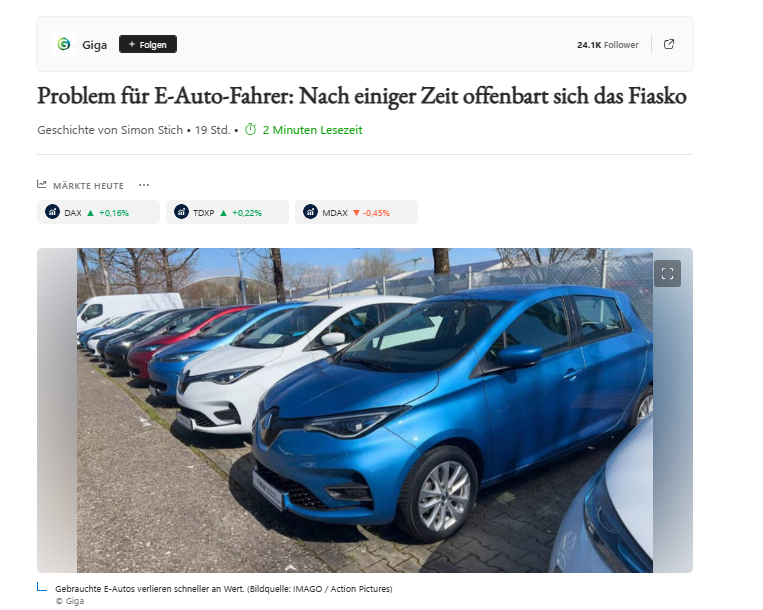 ChristophCanne's tweet photo. "Der Wertverlust von Elektrofahrzeugen auf dem Gebrauchtwagenmarkt beschleunigt sich .... Elektrofahrzeuge sind heute im Schnitt 26 Prozent weniger wert als noch vor einem Jahr, während Dieselautos ihren Wert relativ stabil halten."

https://t.co/KHld72kQin https://t.co/RUfsUufVBD