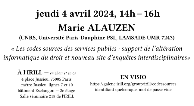 SemCodesSources's tweet photo. 📢 Demain, première séance du séminaire en 2024, avec Marie Alauzen, à propos des codes sources des services publics ! 👩‍💻 https://t.co/qdOYitjmeI