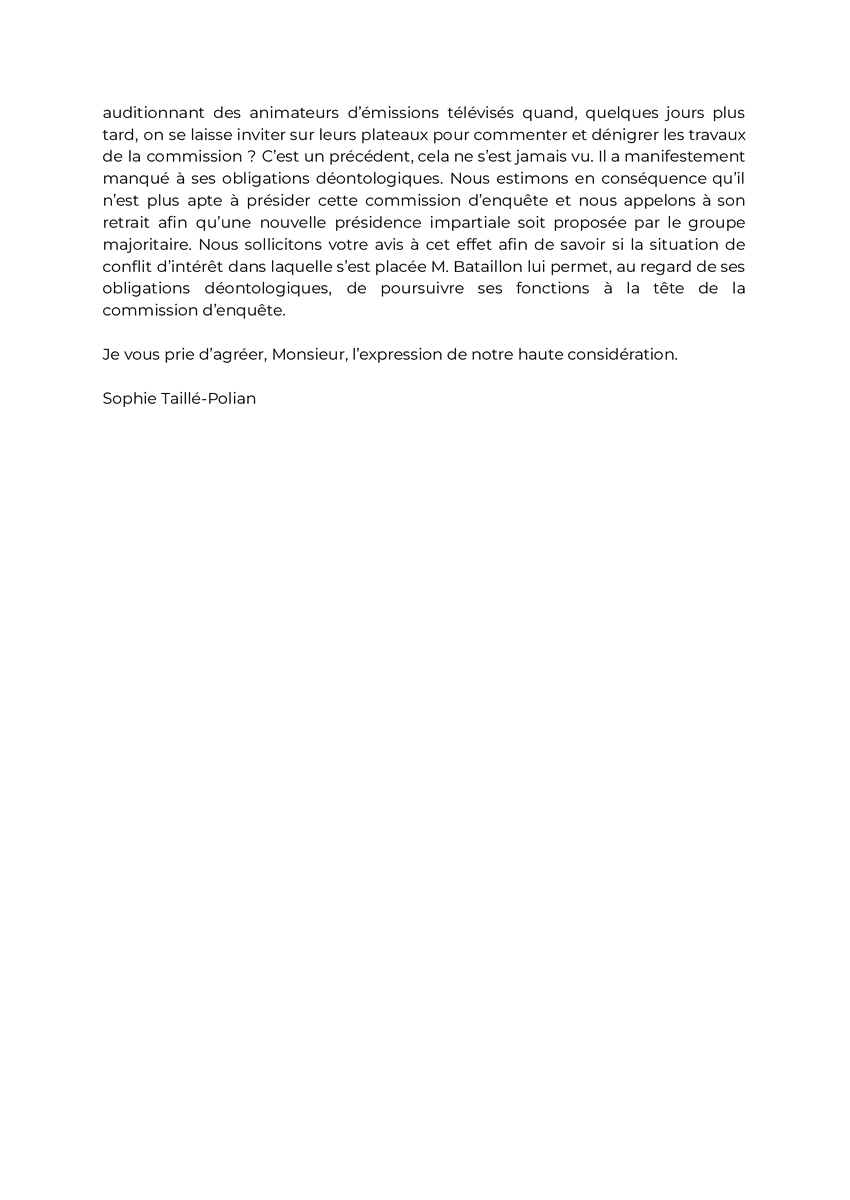 🔴 Je saisis le déontologue de l'Assemblée nationale. Les @EcologistesAN et moi-même condamnons le comportement inapproprié de @qbataillon, président de la Commission d’enquête relative à l’attribution des fréquences TNT. Nous demandons sa révocation afin qu’un autre président…