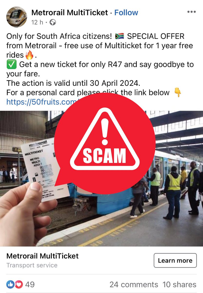 #ScamAlert Please note that the 'Metrorail MultiTicket' page on Facebook that claims to be selling annual train ticket passes is a scam. Valid train tickets are ONLY available for purchase at official Metrorail ticket offices. #BeRailSmart