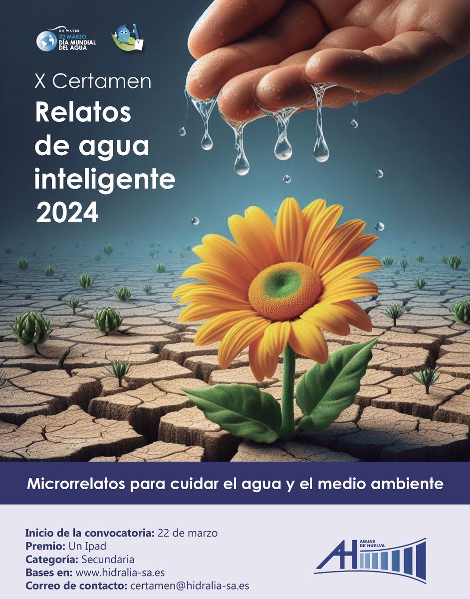 Recuerda que puedes presentarte a la Décima edición del Certamen Literario “Relatos de #Agua Inteligente" para jóvenes de 12 a 16 años. Hasta el 6 de Mayo envía tu relato sobre el agua💧y el medioambiente y hazte con tu Tablet📲Bases ➡️ acortar.link/20ZY1V