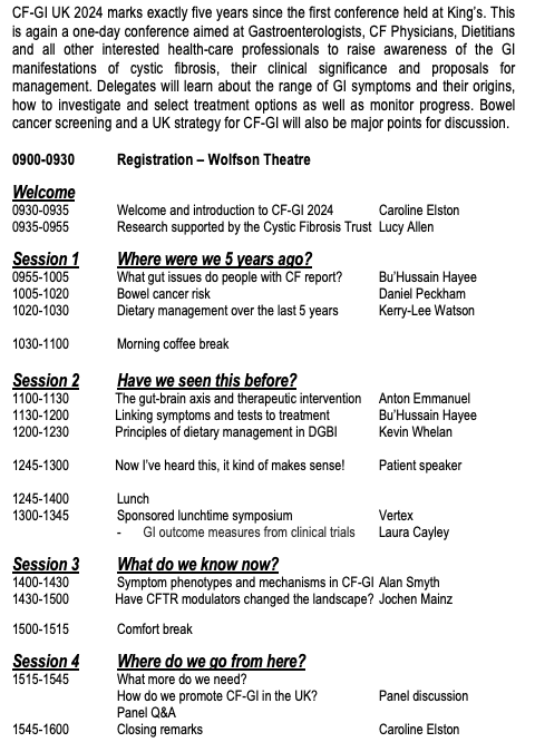 Gastrointestinal Manifestations of Cystic Fibrosis Friday 19th April 2024 Royal College of Physicians @RCPhysicians London Lots of exciting content, including lots on diet in #CysticFibrosis and #DGBI Registration is FREE for health professionals👉🏽 eventbrite.co.uk/e/the-gastroin…