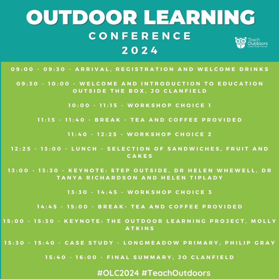 What a jam-packed day! Plan your conference experience with our agenda! Explore the lineup of keynote speakers, workshops, and special sessions at the #OutdoorLearningConference. Get ready to be inspired! #OLC24 #TeachOutdoors eventbrite.co.uk/e/2024-outdoor…