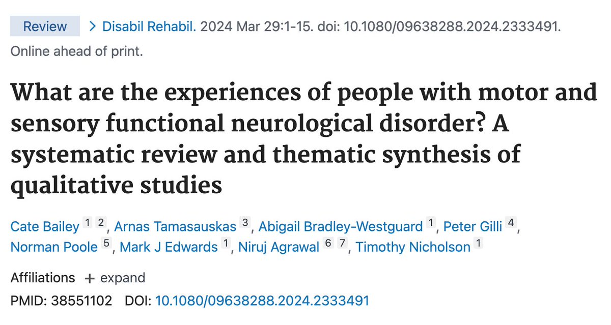 Proud to share our open access qualitative systematic review exploring lived experience of motor and sensory FND. Thanks to brilliant co-authors for their expertise and to @MHRUKCharity. Full text here: tandfonline.com/doi/full/10.10… Brief thread with findings below 1/4