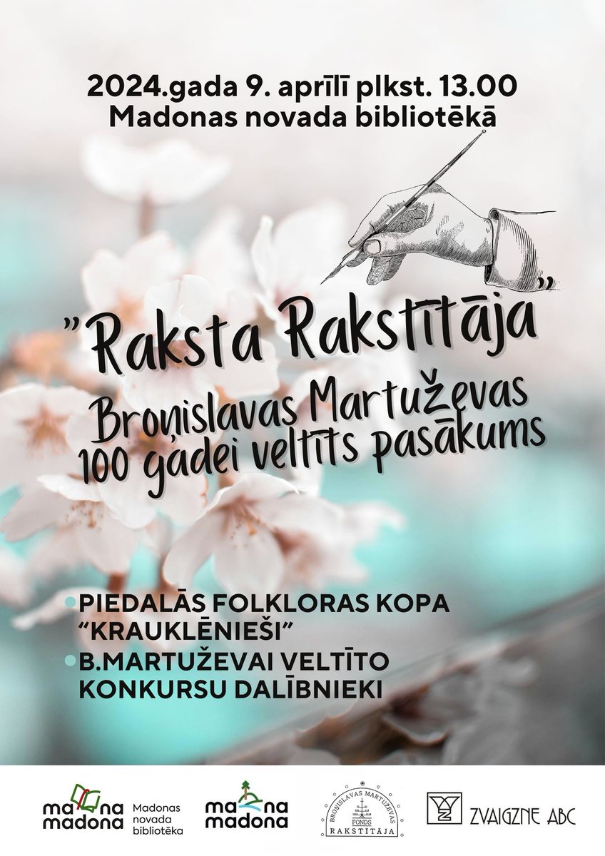 9. aprīlī laipni aicinām atvēlēt mirkli sava pusdienlaika un atnākt uz Madonas novada bibliotēku, lai 13.00 ieklausītos Broņislavas  Martuževas simtgadei veltītā pasākuma literāri muzikālajās norisēs.