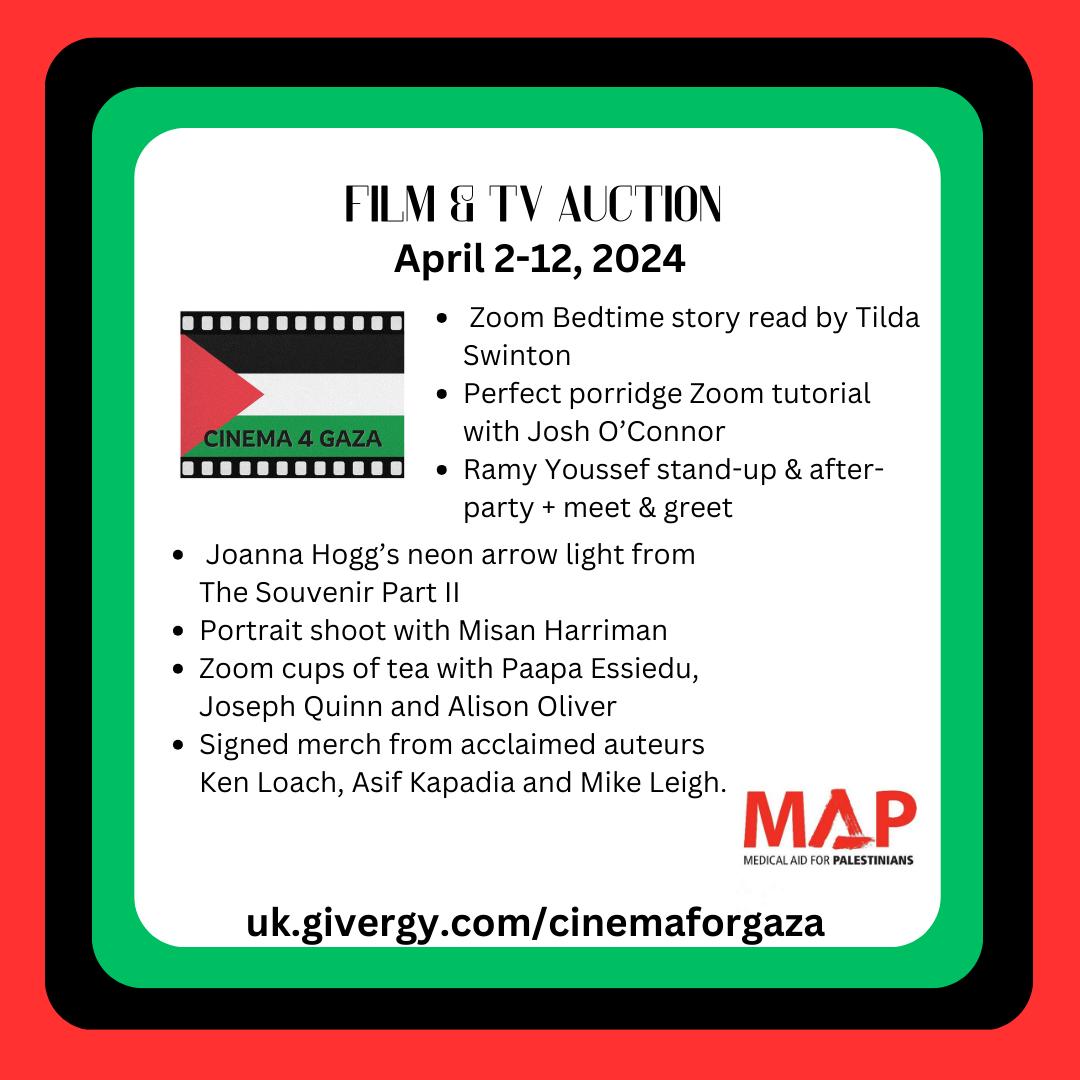 one day since @Cinema4Gaza launched their auction lots and over £40k raised for @MedicalAidPal !!! 💕🫂 auction is live til april 12th with nearly 100 lots for telly and films fans to bid on ! we can have tea (virtually) !!! uk.givergy.com/cinemaforgaza