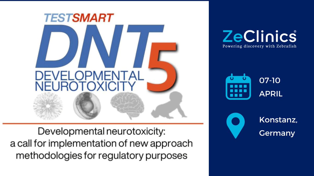 Exciting news! 🎉 ZeClinics is thrilled to be attending the 5th International Conference on Developmental Neurotoxicity Testing (#DNT5) from April 7-10 in Konstanz. Join us as we explore the latest trends in #neurotoxicity research and connect with industry leaders!