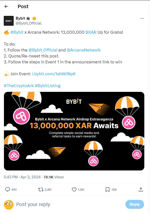 🧵4/7

💰Event link: tinyurl.com/27szdx8u (Deadline: Apr 2 to Apr 30)

📌Tasks that need to be done:

🔶Follow <a href="/Bybit_Official/">Bybit</a> <a href="/ArcanaNetwork/">Arcana Network</a>
🔶Quote/Re-tweet the airdrop event: x.com/Bybit_Official…
🔶Deposit at least 100 USDT and trade XAR, or deposit at least $100 worth