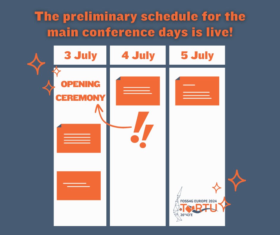 🎉We are happy to announce the release of the preliminary schedule for the main conference days, 3-5 July 2024!🗓️   📋Please note that there may still be some changes.   📌You can explore the schedule in more detail by visiting 2024.europe.foss4g.org/schedule/talks/