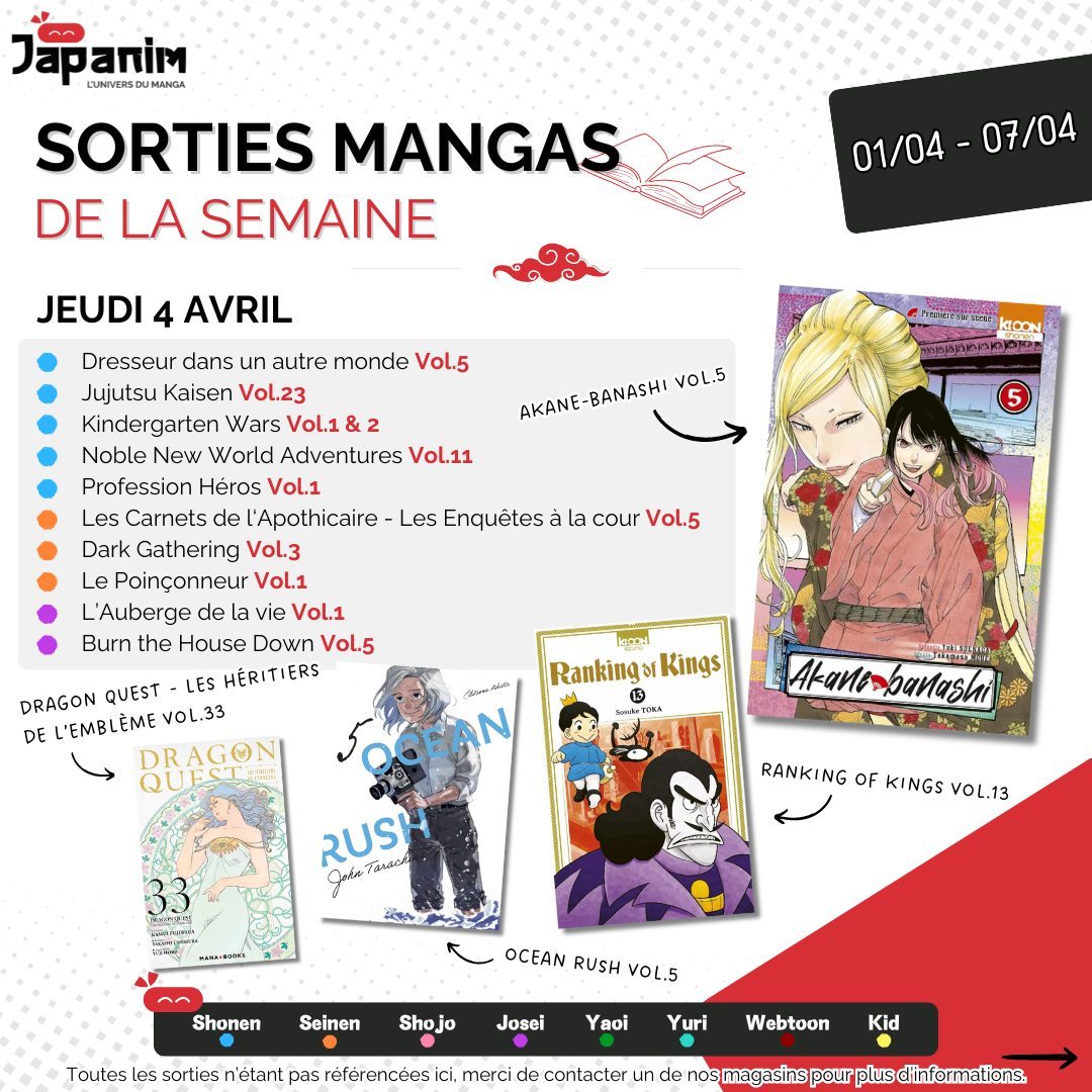 JapanimFrance's tweet photo. 📕PLANNING DES SORTIES MANGA📕
Notre planning manga hebdomadaire se refait une beauté pour mettre en avant les best-sellers ainsi que les nouvelles séries ! 🥰
Rendez-vous en boutiques pour découvrir toutes ces nouveautés ! #manga #japanim #planning https://t.co/RPngfJ5hFG