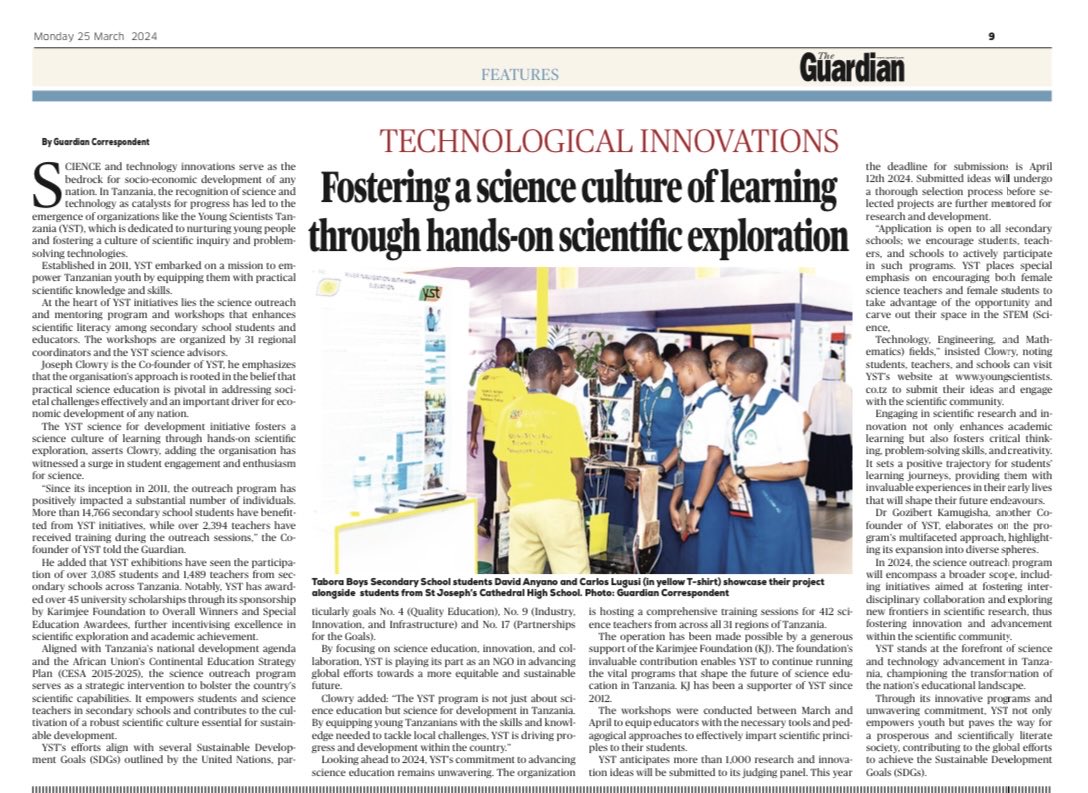 Young Scientists Tanzania “Fostering a science culture” in Tanzania since 2011. Guardian Newspaper Interview with YST Co-Founders, Dr Gozibert Kamugisha ⁦@GozibertK⁩ and Joseph Clowry ⁦@JosephClowry⁩