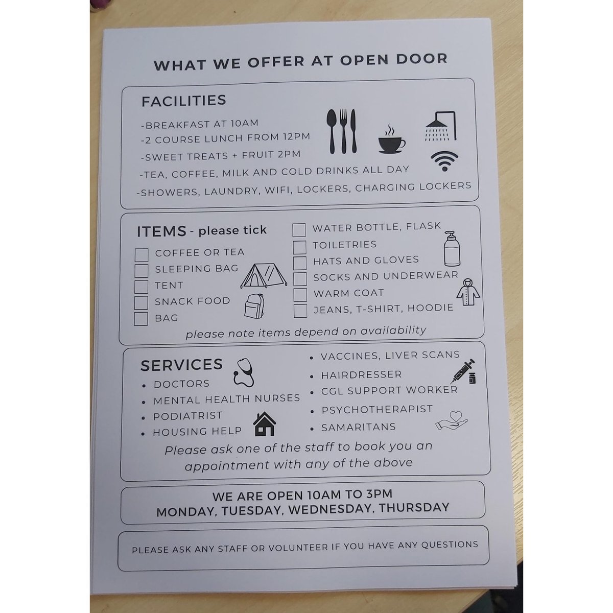 If you’re a new Guest at Cheltenham Open Door, walking through our front door can be daunting. We aim to make that first step as easy as possible. One of the things we do is let you know how we can help you. We have produced this simple ‘Welcome Form’.