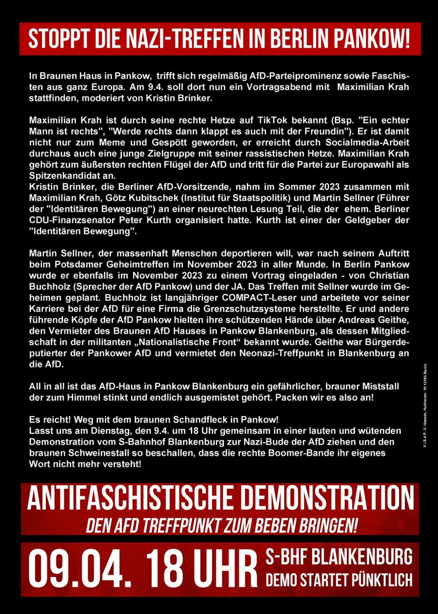 Lasst uns am Dienstag, den 9.4. um 18 Uhr gemeinsam in einer lauten Demonstration vom S-Bahnhof #Blankenburg zur Nazi-Bude der #AfD ziehen! Es kann nicht sein, dass die gleichen Nazis, die in Potsdam von Deportationen träumten, in #Pankow ungestört zusammensitzen! #noafd #B0904