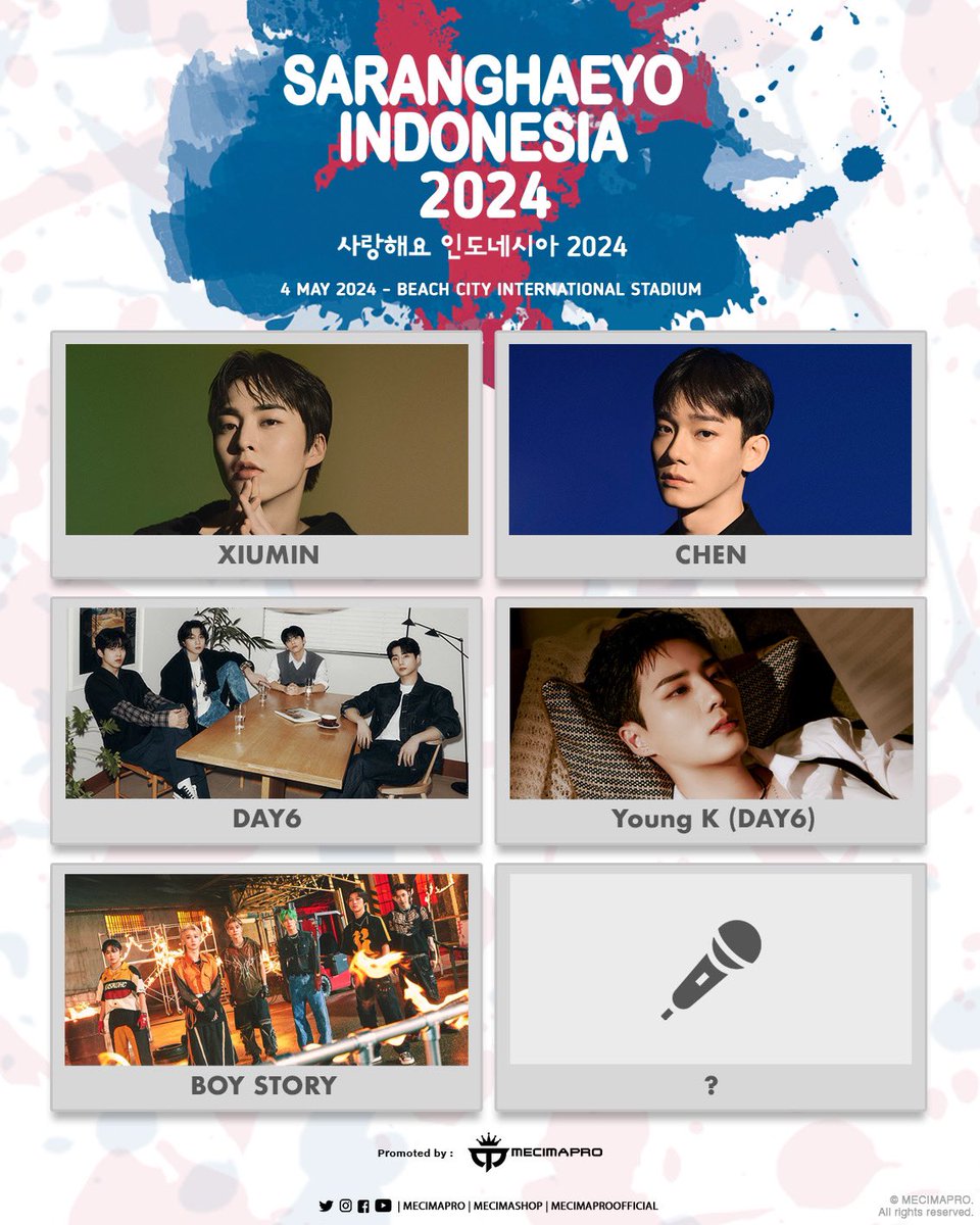 [ANNOUNCEMENT] SARANGHAEYO INDONESIA 2024 - Our LINE UP will be XIUMIN, CHEN, DAY6, Young K, BOY STORY and ONE more upcoming spectacular line up to be announced soon! See you at #SHI2024! - 🔗: bit.ly/shi2024