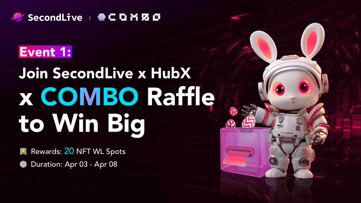 🐰COMBO x @SecondLiveReal x @HubX_ink2 - Easter Extravaganza: Celebrate the joy of Easter! 💰Prize Pool: 20 NFT WL Spots 🎫 Join the Easter raffle: hubx.buzz/raffle/detail/… 📚 Guide for joining the raffle: docs.hubx.buzz/how-to-partici… 🕒 April 3 - April 8