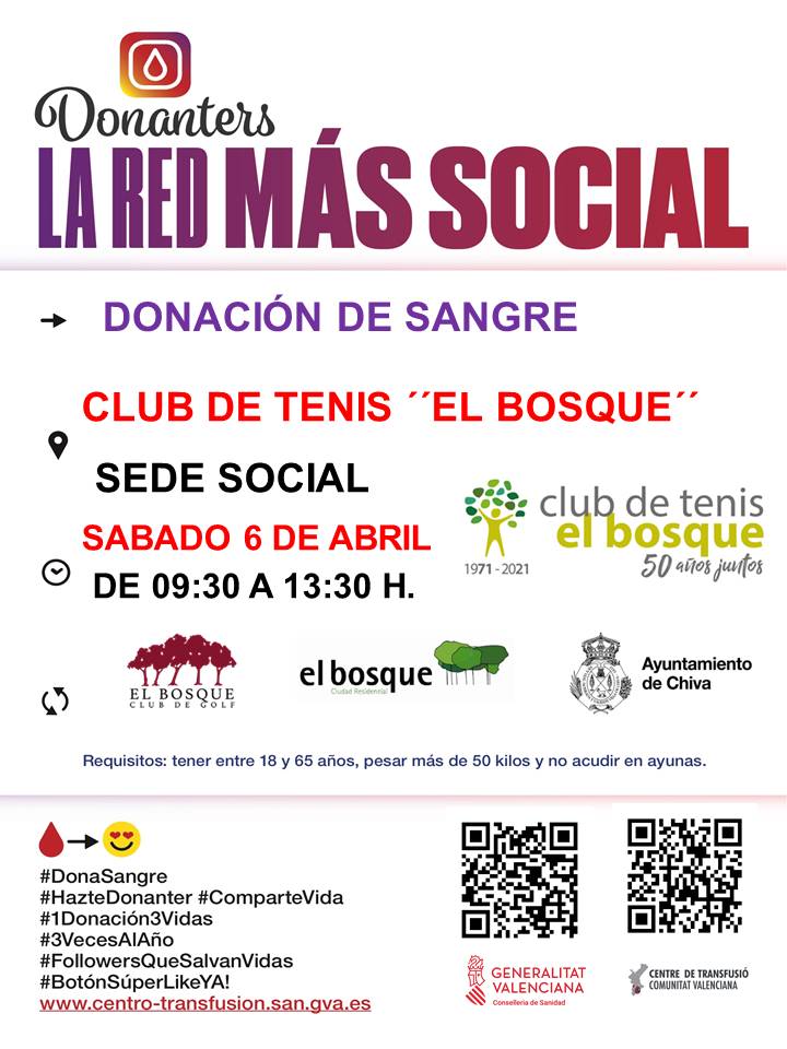 Desde el club de golf El Bosque hemos organizado una donación de sangre para que nuestros socios colaboren el próximo 6 de abril de 9:30h a 13:30h en nuestras instalaciones. 

Colabora con Donanters, la red más social a la que El Bosque se ha unido. 
 #DonaciónDeSangre #Donanters