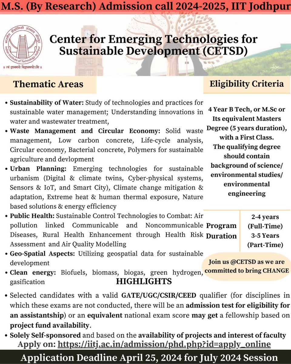 iitjodhpur's tweet photo. IIT Jodhpur is pleased to announce admissions for the Master of Science (by Research) program offered by the Center for Emerging Technologies for Sustainable Development (CETSD).

#IITJodhpur #CETSD #Sustainability #MastersProgram https://t.co/Zotns08dKi