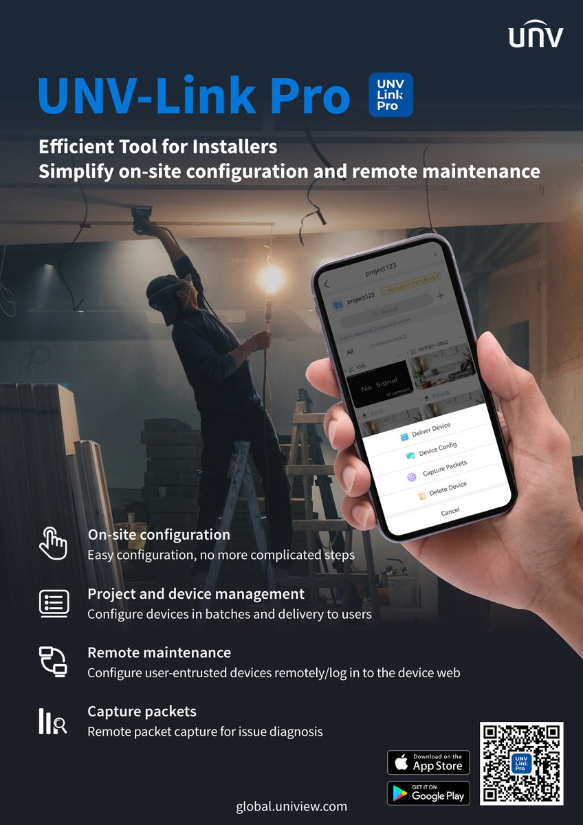 UniviewTech's tweet image. Calling all installers! Say hello to your new best friend for on-site configuration and remote maintenance - UNV-Link Pro App!
More info: global.uniview.com/News/News/2024…
#UNVLinkPro #InstallerTools #EfficiencyAtItsBest #Uniview #App