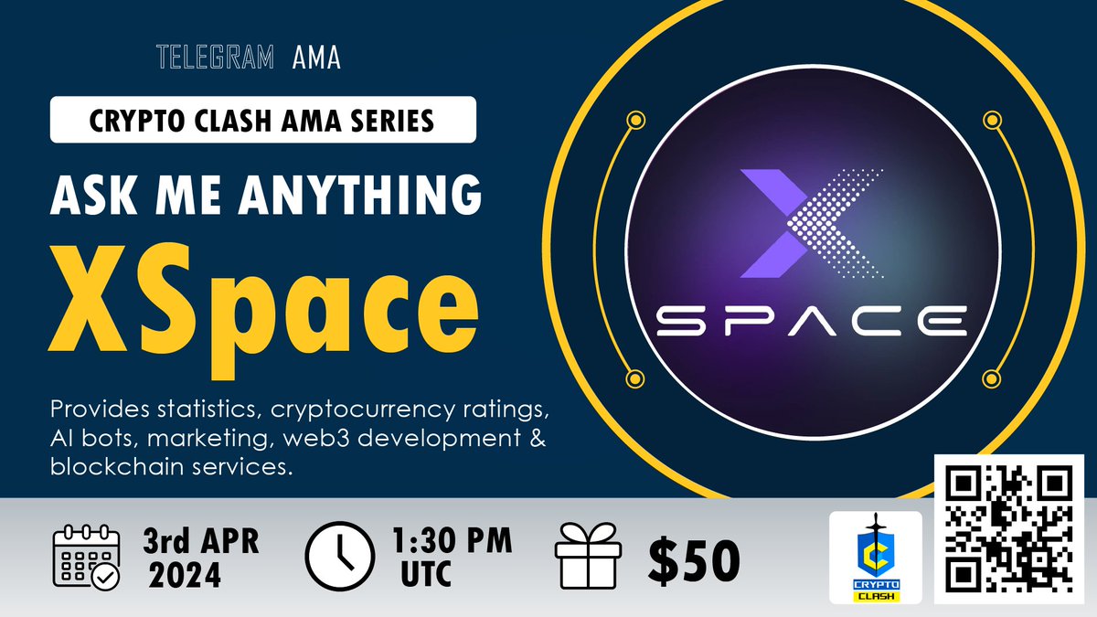 🎙Don't miss out on the opportunity to join us for a #TGVideoAMA with XSpace. ◾️Provides blockchain services. 🕰 3rd Apr, 1 : 30 PM UTC 💰 50$ USDT. 🏛 Venue : t.me/cryptoclashglo… 📌 Rules: 1️⃣ Follow @Crypto_xspace 2️⃣ Like & Retweet.