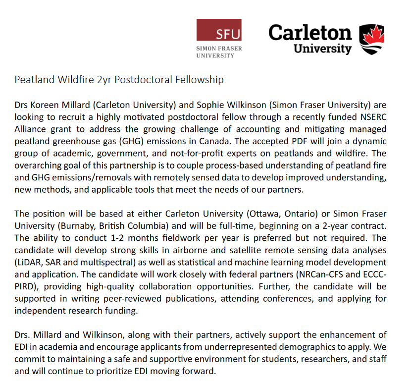 📢 #PeatJob opportunity! Drs Koreen Millard (@Carleton_U) and @SuperMossSophie (@SFU) are recruiting a #Postdoc fellow in #peatland wildfire 🔥. Applications due May 30th. Email your application to sophie_wilkinson@sfu.ca AND koreen_millard@carleton.ca cag-acg.ca/_files/ugd/513…