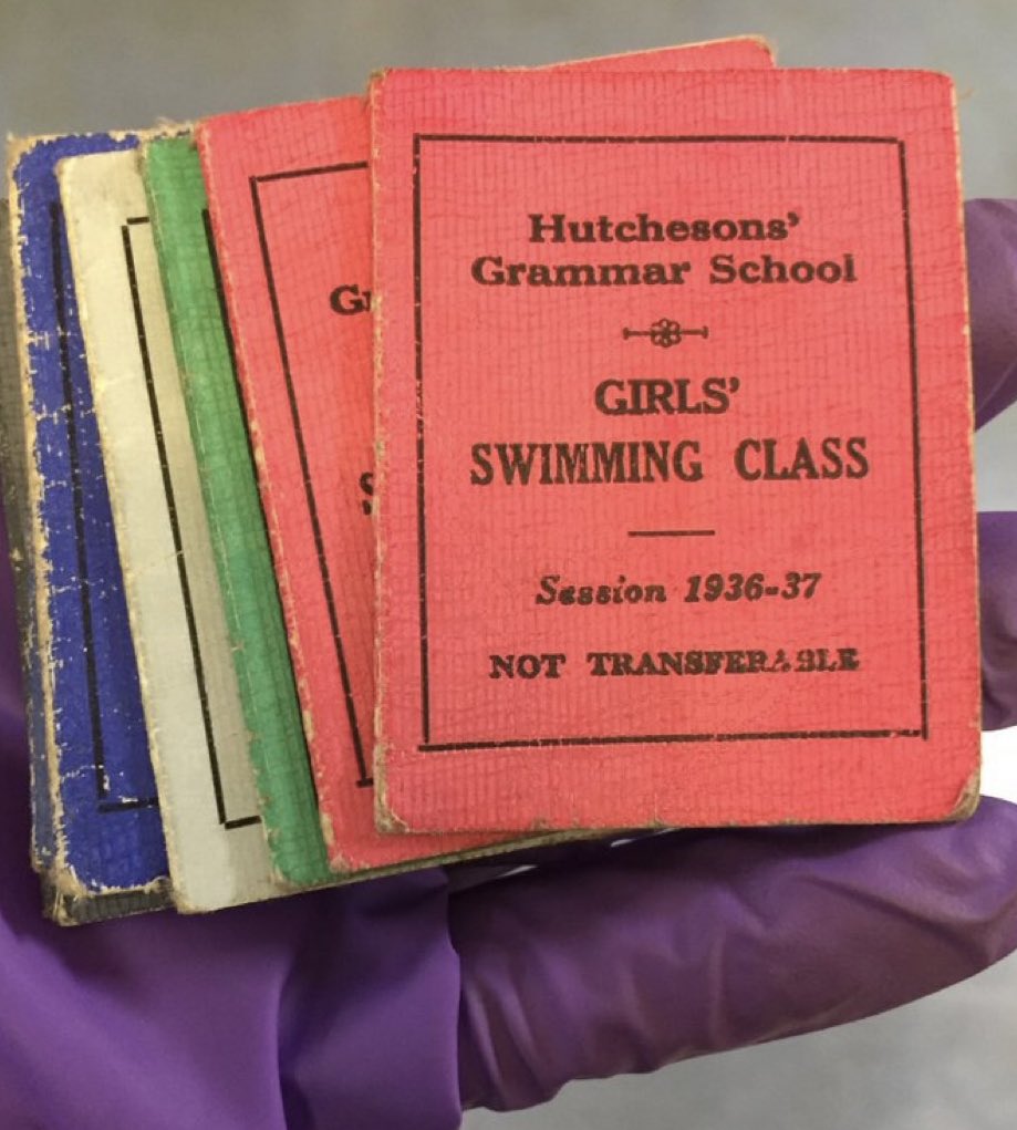 Today’s #Archive30 topic is #ColourfulArchives there have been swimming classes @Hutchesons since 1879 for both boys and girls. Water polo was also played against other teams. These tiny girls’ swimming membership cards came in a variety of different colours for each year