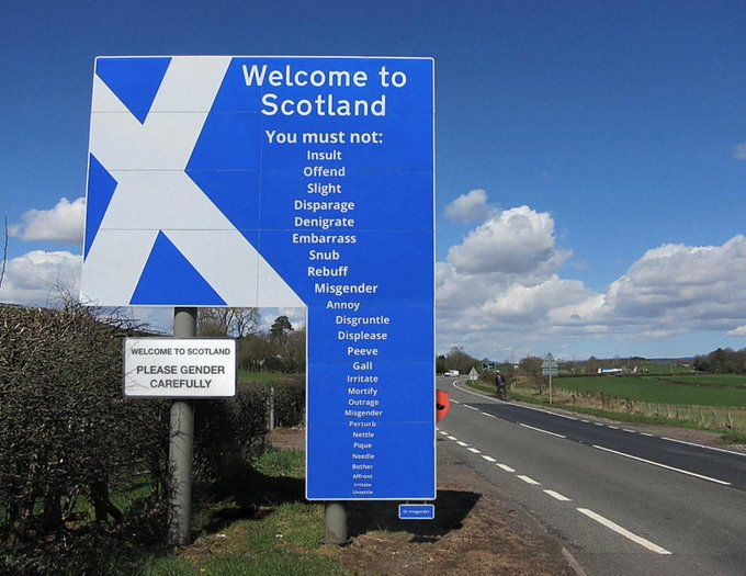daveatherton's tweet photo. During the Communist rule of Poland, the right to dissent was heavily restricted. The two ways the Poles fought back was to go to church, heavily frowned upon &amp; making jokes at their expense.

A new welcome to Scotland sign. https://t.co/O4ZSR4GBy6