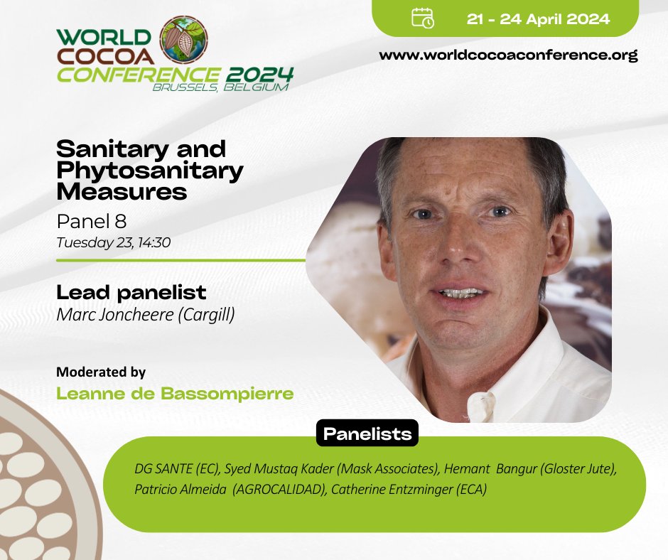 Explore the effects of #foodsafety regulations on vulnerable populations. Engage in the discussion at PANEL 8: Sanitary and Phytosanitary Measures during the #WorldCocoaConference

🔴Registration closes next Friday👉buff.ly/3Ve3YbD

#CocoaBrussels2024
<a href="/IntlCocoaOrg/">International Cocoa Organization (ICCO)</a>