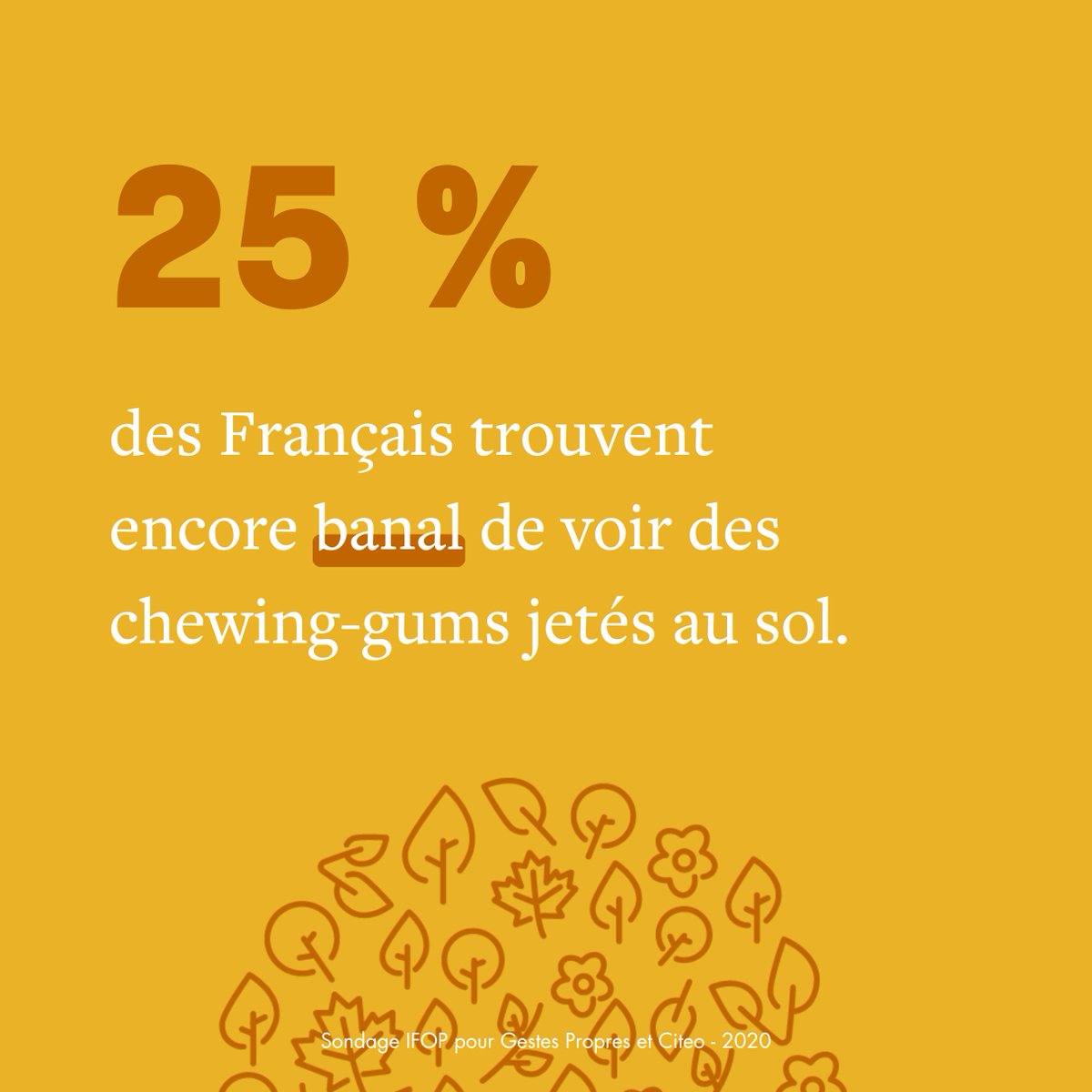 📊D'après notre #sondage IFOP, 1/4 des des Français trouve encore banal de voir des chewing-gums jetés au sol. ⚠️ Pourtant, fabriqué à base de pétrole, ce petit #déchet pollue pendant au moins 5 ans ! Chaque geste compte, aussi petit soit-il. 💚 #TousResponsables