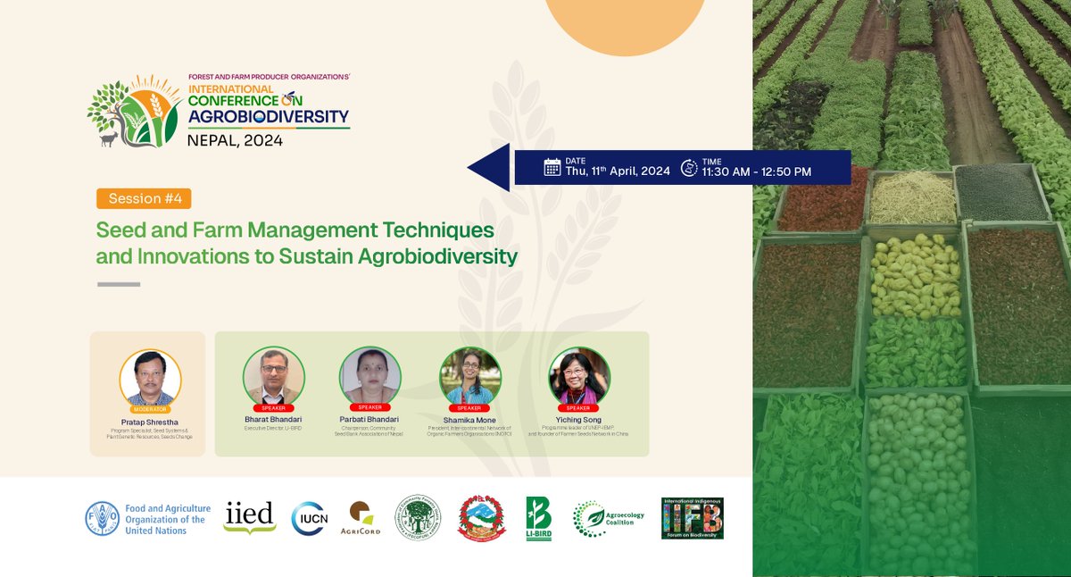 Seed and farm management techniques and innovations to sustain agrobiodiversity Session 4 at the International Conference on Agrobiodiversity 2024 #forestfarmfacility @IIED @libirdnepal @IUCN @FFP_AgriCord