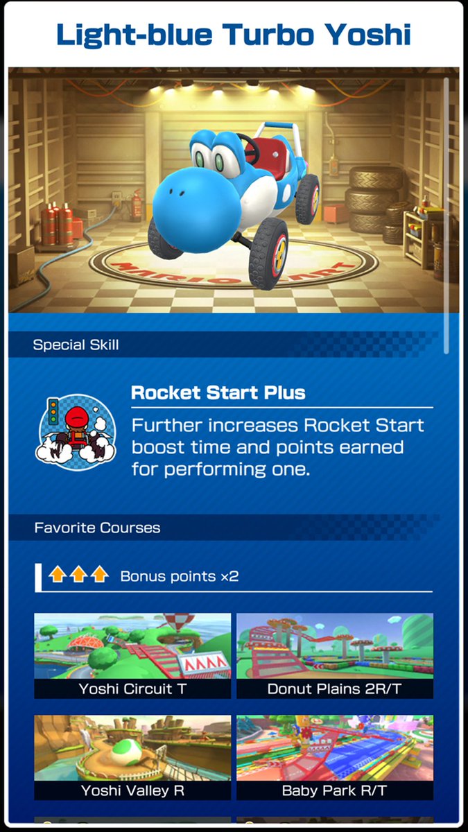 The driver Light-blue Yoshi is here along with the Light-blue Turbo Yoshi kart as a reward for placing high in the ranked cup! The rewards for the first and second half are different for this tour. #MarioKartTour