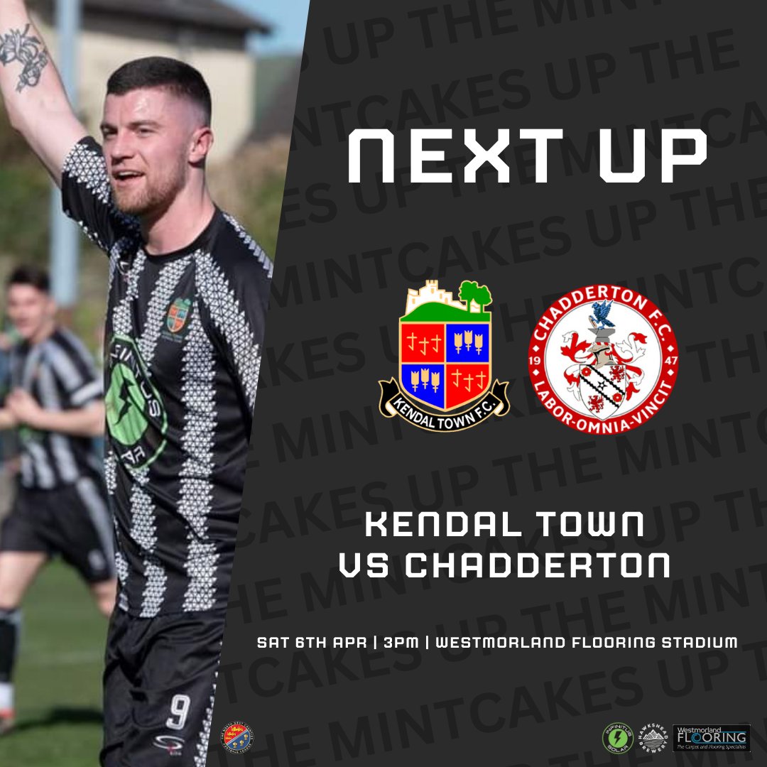 kendaltownfc's tweet image. This Saturday we host fellow promotion-chasers Chadderton in our penultimate home game of the season - and it's our biggest one yet 😬

🗓️ Sat 6th April
🕒 3pm KO
🎟️ £7/£5/£1/free
💳 Cash or card 
🍺 Bar open

Tell everyone you know and let's pack the place out for one last push!