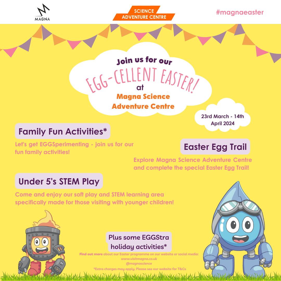 EGG-Cellent Easter at Magna! 🐣 Spring may have sprung, but the weather is looking miserable! So why not hop into Magna for science fuelled day of adventure! 💦 Open today 10am - 5pm! #Thingstodowithkids #VisitMagna #MagnaEaster