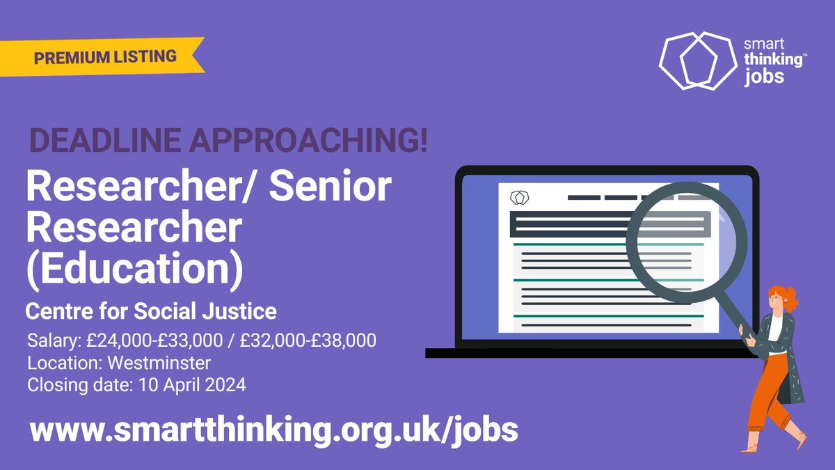 Last chance to join the @CSJthinktank as a Researcher/Senior Researcher in their Exclusions and Absence programme! Contribute to impactful education research and policy change. Don't miss this opportunity. Apply now: buff.ly/3TNdHEK