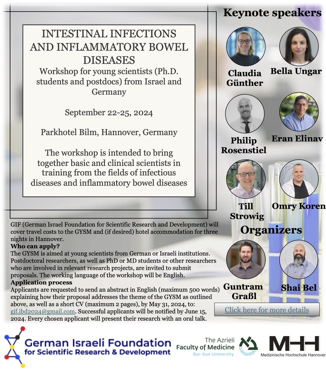 Shai Bel (@mucus_man) on Twitter photo ๐ข Are you a postdoc or PhD student in the fields of intestinal infections and IBD working in Germany or Israel? Join Guntram Graรl and me of the <a href="/GifResearch/">GIF-Research</a> Young Scientists' Meetings, Sep 22-25 2024 in Hannover!
gif.org.il/2023/12/18/intโฆ
More details below ๐๐ป ๐ข Are you a postdoc or PhD student in the fields of intestinal infections and IBD working in Germany or Israel? Join Guntram Graรl and me of the <a href="/GifResearch/">GIF-Research</a> Young Scientists' Meetings, Sep 22-25 2024 in Hannover!
gif.org.il/2023/12/18/intโฆ
More details below ๐๐ป