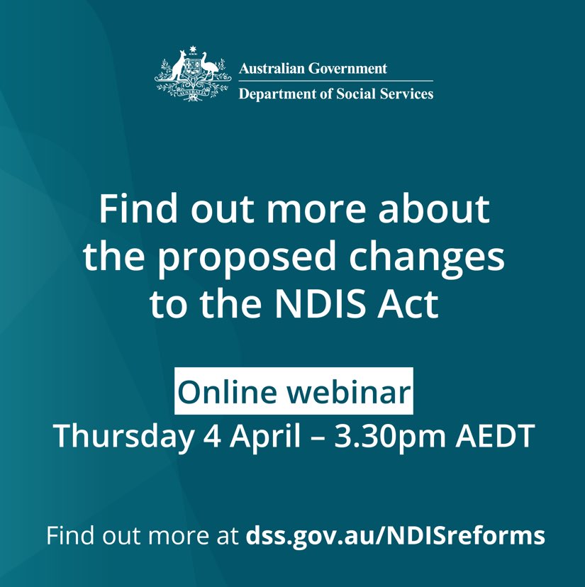 Join an online NDIS webinar tomorrow Thursday 4 April at 3.30pm (AEDT) for a 
discussion on amendments that will enable key NDIS Review recommendations to progress.
You can also ask questions.
Register at events.humanitix.com/getting-the-nd…
