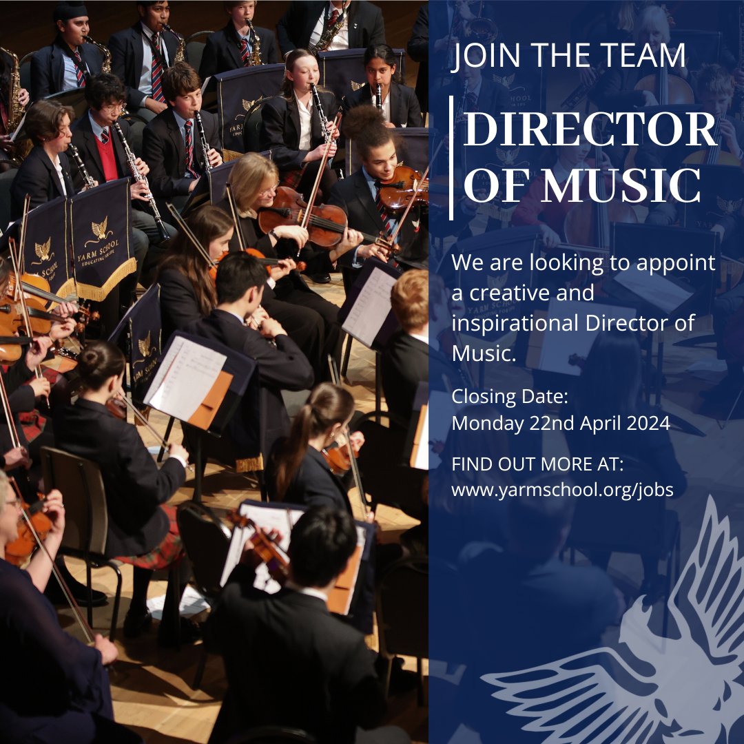 ⭐Join our Team!⭐ We are looking to appoint a creative and inspirational Director of Music. 📆 Closing date: Monday 22nd April Don't miss out on this opportunity to contribute to our vibrant community. Find out more and apply now: yarmschool.org/jobs #YarmJobs #JoinOurTeam