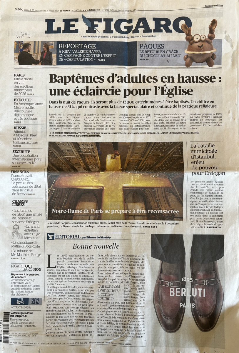 TimChilvers's tweet photo. @johnpauldickson Yes…fascinating front page of French newspaper Le Figaro over the weekend - “Adult baptisms on the rise”. Remarkable that is happening, and notable that it is front page news in France! https://t.co/I1Cj2QcEkN