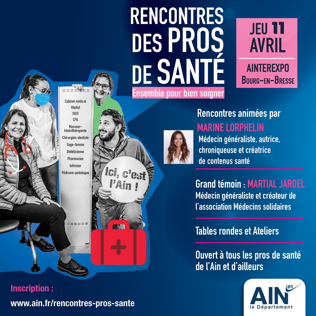 #Santé⚕️Rdv à #bourgenbresse #Ain le 11/04/24 pour la 1ère édition des Rencontres des Pros de Santé avec @MarineLorphelin et @martialjardel🩸Tables rondes et ateliers➡️Programme : tinyurl.com/3yejv48f