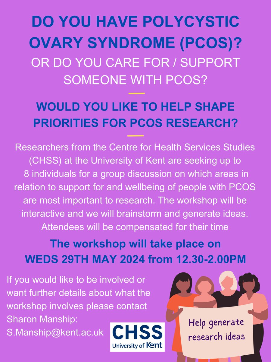 If you have #PCOS (or support someone with the condition) and would like to take part in an online workshop to help generate #researchpriorities please get in touch <a href="/CHSS_Kent/">CHSS</a> #IWHRG #WomensHealth