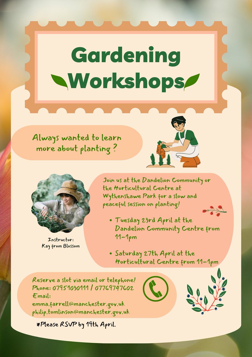 If you would like to learn more about planting, see below! Two free sessions to choose from @FriendsoftheDa1 Dandelion Community 23rd April 11-1pm @BlossomMcr Wythenshawe Park 27th April 11-1pm Contact Emma or Phil for more details and to book your place. Limited availability