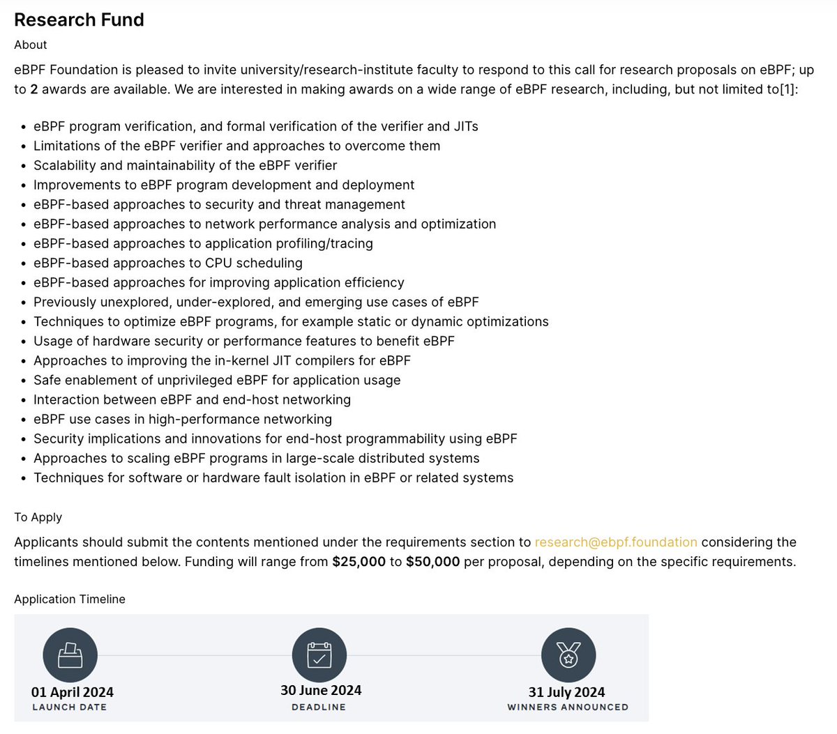 eBPF Foundation is funding academic research around eBPF with $25-50k grants 💰 to push the state of the art around eBPF forward faster Applications open until June 30th ebpf.foundation/funding-opport…