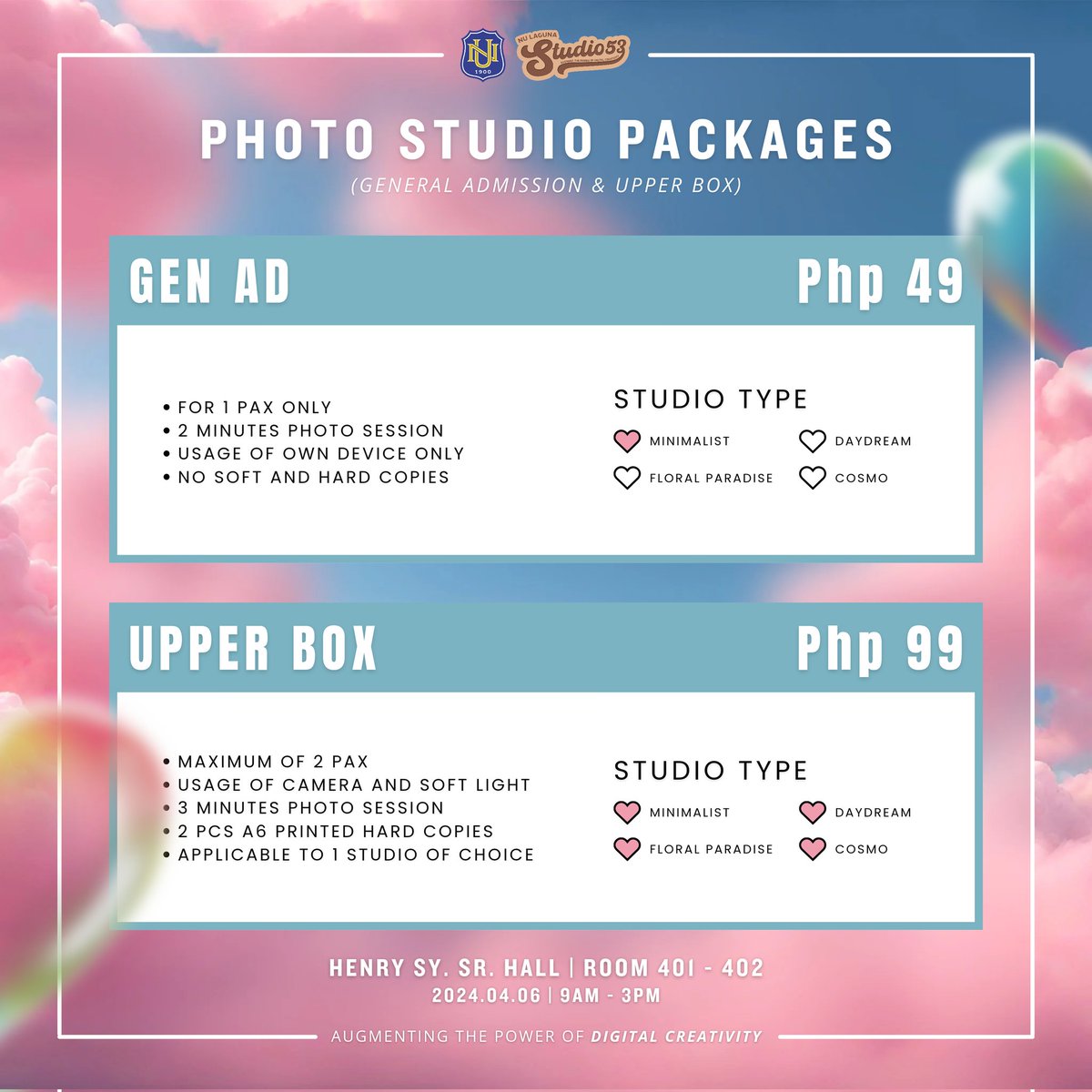 Studio53_NUL's tweet photo. Not just that, below are the prices for our “Photo Booth” inspired by Minimalist, Floral Paradise, Daydream, and Cosmo. So what are you waiting for? Experience a million dollar shot with S53! 🩷☄️

𝘿𝙤𝙣’𝙩 𝙈𝙞𝙨𝙨 𝙊𝙪𝙩! There’s something exciting waiting for every winner. 😉 https://t.co/8hZXZZ9ggS