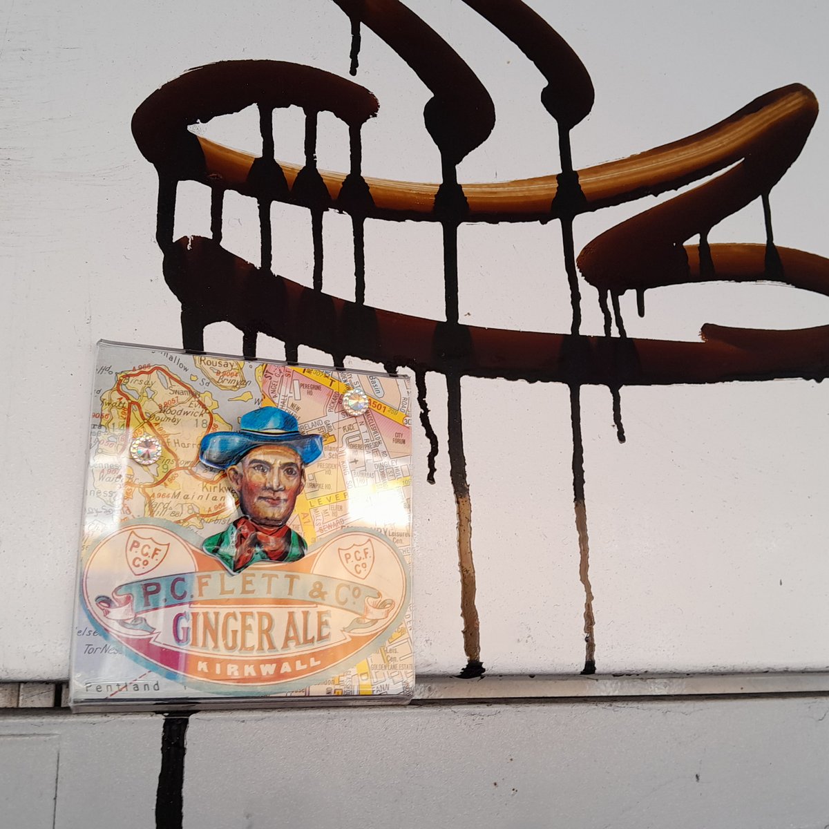 Chris Brown's wandering cowboy waits at a bus stop in Hampton Hill, he dreams of travelling to Kirkwall, the home of the finest ginger ale in Scotland. Natalie Low composes a ditty for our rhinestone hero, or should it be for our bovine hero at collectconnect.blogspot.com/2024/04/chris-… #publicart