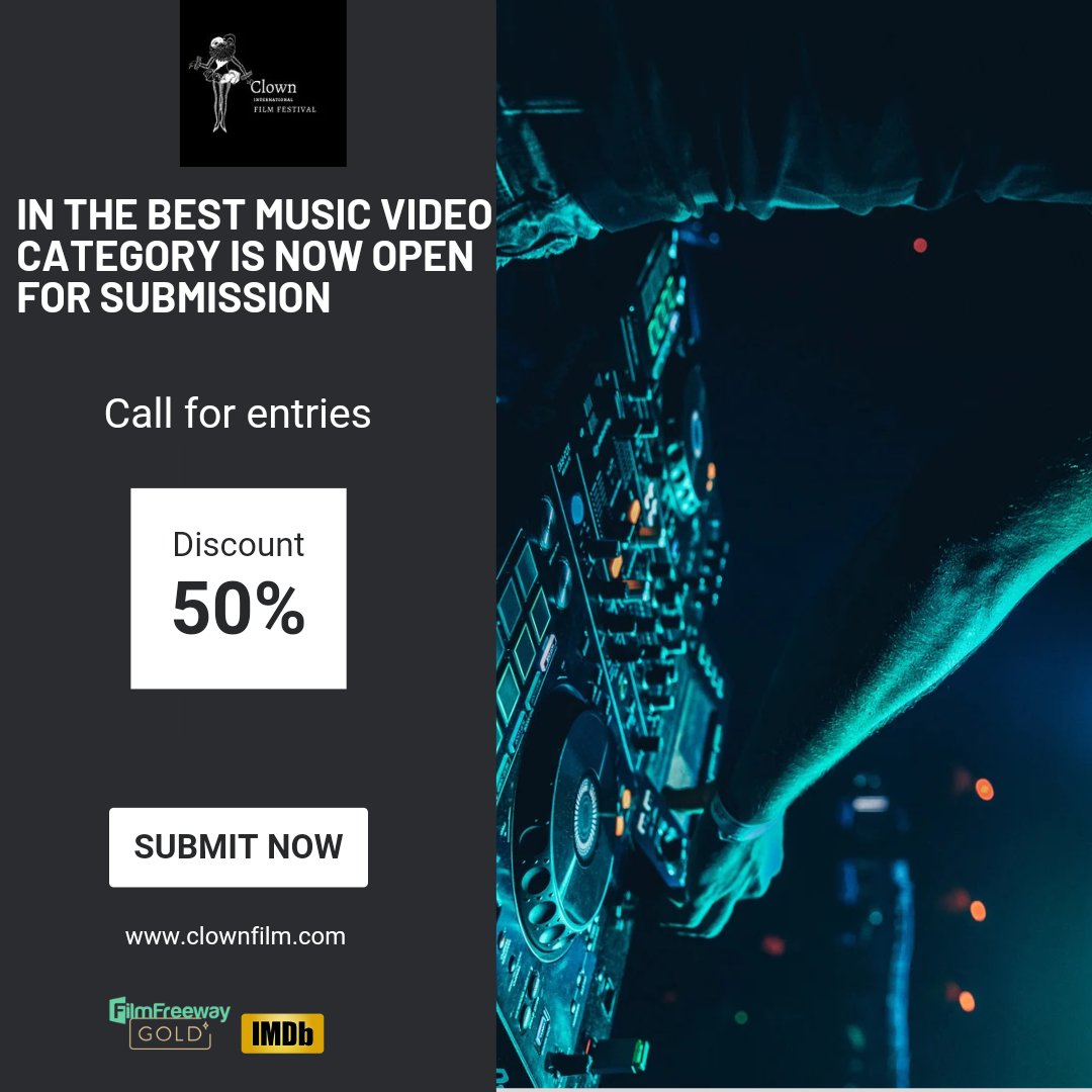 The submission for the Best Music video category is now open. Discount code: CLOWN50 Submit your project via filmfrreeway #project #imdb #filmfreeway #submission #filmfestival #musicvideoproduction #composer