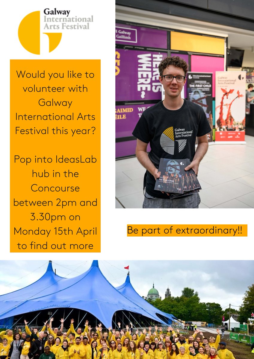 Are you interested in volunteering with @GalwayIntArts this year? 🌟 Drop into IdeasLab on the 15 April between 2pm - 3.30pm and you can get the inside scoop on what it's like to be a part of #GalwayInternationalArtsFestival 🚀 #GIAF24