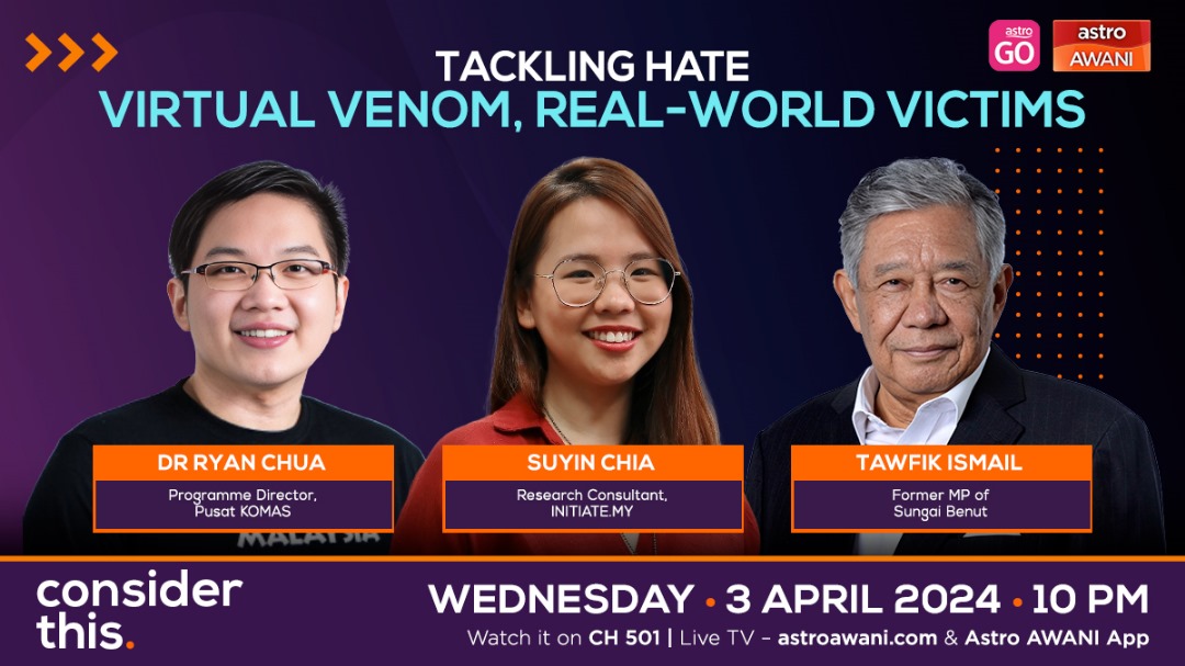 MCMC has warned of a rise in provocative content on social media that might incite violence and extremism. How do we stem the tide of online hate before it manifests in real-world repercussions? I ask Ryan Chua @pusatkomas Suyin Chia @InitiateMY & Tawfik Ismail on #ConsiderThis.