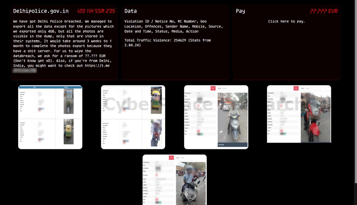 🚨 #DataBreach Alert⚠️: Allegedly, Delhi Police🇮🇳 data has been accessed by threat actors. They claim possession of Violation IDs, RC Numbers, Geo Locations, Mobile numbers, and more. 

Stay Vigilant🔐🛡️

#CyberPeace #Cybersecurity #CyberPeaceAlert #InfoSecurity #DarkWeb